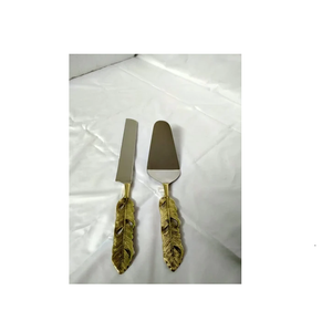 Juego de cuchillo y servidor de pastel de latón de acero inoxidable para bodas, fiestas de cumpleaños y eventos, mango de hoja de latón - Product Image 3