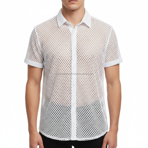 เสื้อเชิ้ตตาข่ายโปร่งสีขาว เสื้อลำลองระบายอากาศได้ดี ผ้าตาข่าย เหมาะสำหรับฤดูร้อน ชายหาด สตรีทแวร์ เสื้อเชิ้ตติดกระดุมสำหรับผู้ชาย - Product Image 3