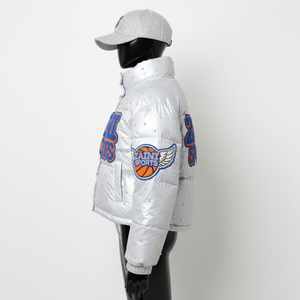 Women Metallic <b>Silver</b> Puffer <b>Jacket</b> Polyester Fabric Chenille Embroidery Custom Logo Design Winter Wear Puffer <b>Jacket</b> for women - Product Image 3