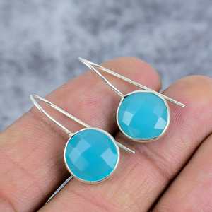 Boucle d'oreille minimaliste en chalcédoine aqua, pierre précieuse ronde à facettes, argent sterling 925, bijoux faits à la main, boucle d'oreille pour l'amour, cadeau de mariage - Product Image 4