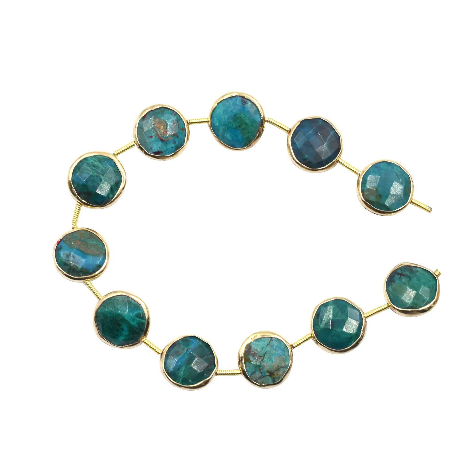 Chrysocolla 11 To 13 MM Round Shape Silver Bezel Gold Plated Center Drilled 11 Beads Strand