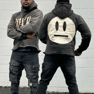 Sudadera con capucha para hombre OEM al por mayor, estilo streetwear, con bajo deshilachado, letras bordadas en felpa francesa, parche y aplique desgastado, lavado ácido - Product Image 1