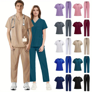 Vente en gros d'uniformes médicaux personnalisés World Scrubs pour femmes Mans Set Stretch Scrub Top Pants avec multi-poches Yoga - Product Image 1