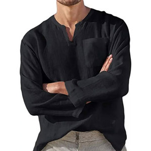 Camisas DE LINO DE PLAYA informales con cuello en V de manga larga para hombre, camisas de Jersey para hombre con ropa de calle de bolsillo - Product Image 5