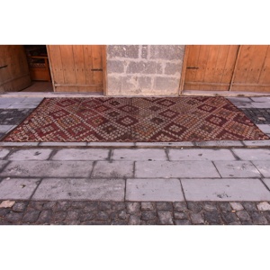 Alfombra Kilim turca Vintage 5,5X11,7 pies marrón rojo tejido plano lana yute alfombra látex rectángulo Patchwork para decoración de habitación de pasillo - Product Image 4