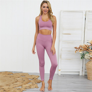 Venta caliente de alta calidad sólido elástico 2 uds mujeres de talla grande Yoga entrenamiento Fitness deportes conjunto antibacteriano tela transpirable - Product Image 3