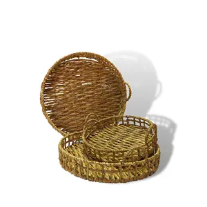 Lot de 3 plateaux de service en jonc de mer tressé unique faits à la main pour la cuisine à domicile ou le rangement de plateaux alimentaires décoratifs - Product Image 1