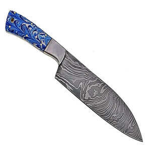 Vente flash Couteau de cuisine à lame fixe en acier Damas fait à la main Acier au carbone Trempé à l'huile 58-60 HRC Embouts en résine époxy Acier Bois - Product Image 1