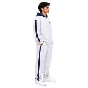 Oversized Color block <b>Zip</b> <b>Hooded</b> Sweatshirts Tracksuit Heavyweight Drop Shoulder Wide leg Joggers and Crop Hoodies set Wholesale - Product Image 2