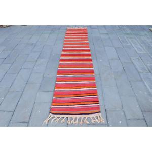 Vintage Rug, 2.6x12.4 ft <b>Runner</b> Rug, <b>Red</b> Orange Kilim Wool Rug - Product Image 1