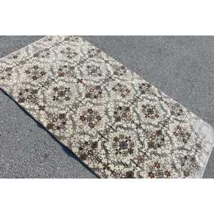 Turkish Vintage Area Rug 3.6x6.9 ft, <b>Brown</b> White Floral <b>Wool</b> Rug - Product Image 4