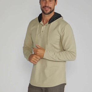 Camisa de primavera delgada con botones y cuello en V con cordón de color sólido para hombre, Camisa con capucha para uso diario - Product Image 1