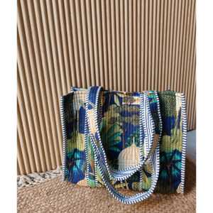 Mughal Garden <b>Small</b> Fashion Tote Handbag Blue Quilted Floral Decoration Daily Use Washable Reusable Eco-Friendly Cotton Lining - Product Image 1