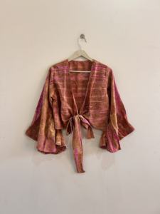 Top de Seda Crepé con Estampado Tie-Dye y Manga Campana con Cuello en V para Mujer, Estilo Hippie Retro, Ropa de Playa, Atuendo Vacacional - Product Image 3