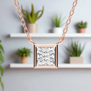 Collar con colgante de bisel de diamante de corte princesa cultivado en laboratorio de 1,00 quilates minimalista moderno 950 platino - Product Image 4