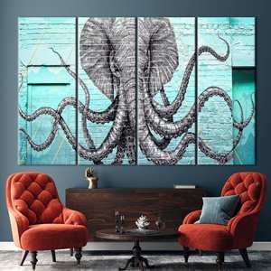 Lienzo Impreso Moderno: Arte Mural Vibrante de Elefantes Majestuosos, 4 Piezas: Enmarcado en Galería - Product Image 1