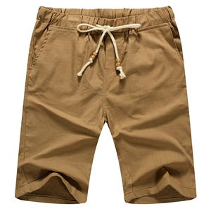 Pantalones cortos OEM con diseño de logotipo personalizado 100% Lilen para hombre, pantalones cortos de ajuste regular de color marrón claro sólido con cordón para entrenamiento de BD - Product Image 3