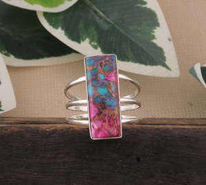 Rectangular Pink Copper Turquoise <b>Ring</b> 925 Sterling Silver Handmade <b>Ring</b> Multi Band <b>Ring</b> Women's Anniversary Gift - Product Image 2
