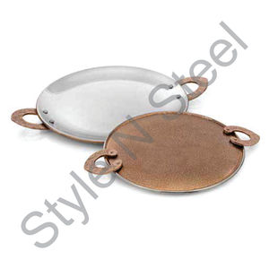 Double Wall Matt With Dark Gold Color Stainless Steel Eco Friendly Cookware Indian Kadai Serving <b>Tawa</b> With Emboss Brass Handle - Product Image 1