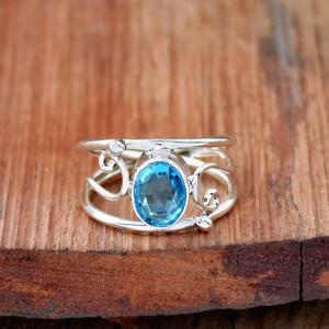 Bague Topaze Bleue En Argent Sterling 925 Ovale Coupe Pierre Double Bande Designer Pierre De Naissance Bague De Mariage Cadeau pour les Femmes - Product Image 2