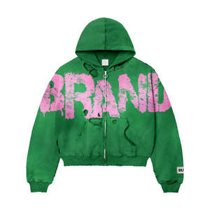 Sweat à capuche unisexe surdimensionné à double fermeture éclair, doublé en coton tricoté, imprimé en relief, avec capuche streetwear pour l'été - Product Image 4