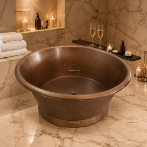 Baignoire ovale moderne en cuivre martelé, propriétés antimicrobiennes, fonction de trempage japonaise, autoportante pour hôtels, villas, maisons - Product Image 6