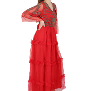 Robe de soirée longue à manches courtes pour femme, collection 2025, ornée de perles dorées et de sequins, en tissu georgette et tulle, style décontracté et élégant. - Product Image 1