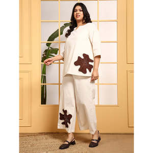 Deebaco Women's Cotton <b>2</b> <b>Piece</b> Plus Size Co-Ord <b>Set</b> Hand Embroidery O-Neck Top Ankle Length Pants Casual Summer Outfit - Product Image 4