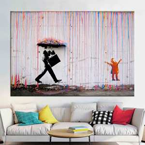 Printed Canvas: Banksy <b>Rain</b> Wall Art, Abstract Umbrella Decor,1P-Gallery Wrapped - Product Image 1