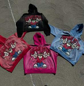 Sweats à capuche personnalisés en coton épais 500 g/m² avec impression DTG Sweat à capuche unisexe avec strass Streetwear vintage délavé à l'acide avec fermeture éclair - Product Image 6