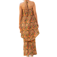 Conjunto de Kurta con cuello Halter y estampado Floral azul de noche con pantalón acampanado Conjunto de Kurta estampado de algodón para mujer Venta al por mayor de prendas textiles