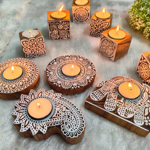 Natural WoodenTea Light <b>Candle</b> Holders <b>Set</b>, Block Print Mandala, Elephant, Mango Floral Designs ,Wedding, Diwali Home <b>Gift</b> <b>Set</b> - Product Image 1