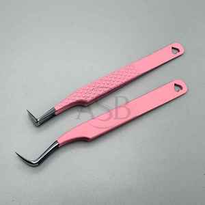 ADREES SONS BEAUTY INSTRUMENTS ASB-ETRS-001 Juego de Pinzas para Pestañas de Acero Inoxidable Sostenible Rosa y Negro con Logotipo Personalizado Tipo Gancho 90 - Product Image 1