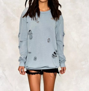 Women Elongated <b>Drop</b> Shoulder Sweatshirt Distress Ripped Off Vintage Ladies <b>Acid</b> Washed Breathable Outerwear Fleece Sweat Shirt - Product Image 1