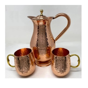 Hammered Shine Finished <b>Copper</b> Jug With Lid & Brass Knob 6 Hammered Glass Set for Serving Water Home Kitchen Use - Product Image 5