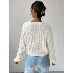Suéter de Punto Trenzado con Cuello en V para Mujer, 100% Acrílico, Talla Grande, Invierno, con Adornos de Letras y Botones - Product Image 2