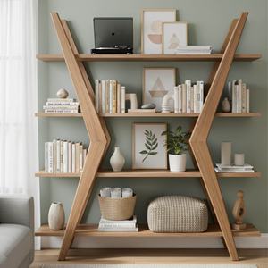 Handcrafted Z Shape <b>Solid</b> <b>Wood</b> <b>Bookcase</b> With Modern Multi Shelf Display Elegant Wooden Storage Bookshelf Suitable For Home - Product Image 1