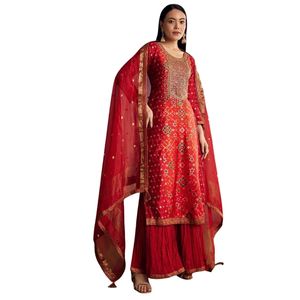 Patola đỏ và bandhani in kurta thiết lập với banarasi dupatta truyền thống Ấn Độ đám cưới và lễ hội bên mặc trang phục - Product Image 3