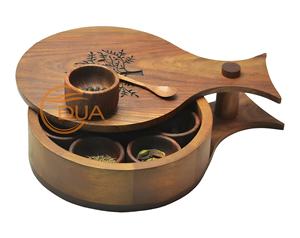 Boîte à épices en bois de sheesham sculpté à la main des guerriers éléphants sept conteneurs et cuillère en bois outils d'herbes et d'épices - Product Image 4