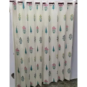 Cortinas y Cenefas de Algodón Estampadas a Mano Vinayakam, Blanco Bass Mugal Azul Butta, 8 Lazos - Product Image 2