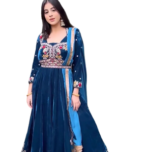 Readymade indien longue robe & Dupatta ensemble, bleu pleine couture velours avec fil travail tenue de soirée, tenue de mariage pour les femmes - Product Image 1