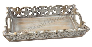 Bandeja de servicio de madera de mango tallada a mano redonda de alta calidad Nuevos diseños con características decorativas Hoteles Restaurantes Utensilios de cocina Uso - Product Image 6