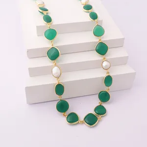 Bijoux de culture à la mode onyx vert avec collier longue couche de perles d'eau douce lunette en laiton réglage colliers multi-stations - Product Image 1