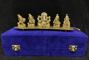 Best House Warming Gift Gold Plated Lord Ganesha Reasonable Price Set of 5 Aluminum Lord Ganesha Sitting on Leaf Made in India - Product Image 4