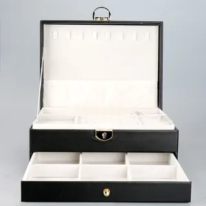 Caixa de joias com fechadura em couro PU para anel e colar de joias de grande capacidade com camada dupla