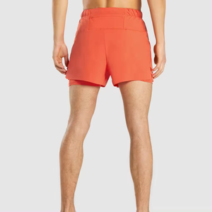 100% Cotton Orange Solid Color Double <b>Layer</b> Accept Logo Printing Summer Outdoor Gym Jogging Men Gym Shorts With Pockets - Product Image 2