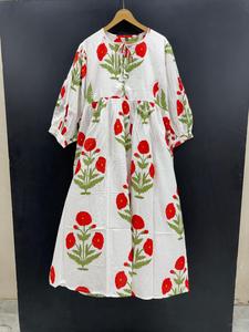 Robe midi élégante en coton imprimé floral, taille naturelle, col en V, écologique, avec des franges, pour femmes, décontractée, sorties estivales, brunchs - Product Image 3
