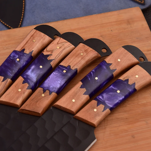Ensemble de couteaux de chef SCL, acier carbone forgé à la main, revêtement noir en poudre, écologique, ambidextre, manche en bois et résine, passe au lave-vaisselle - Product Image 3