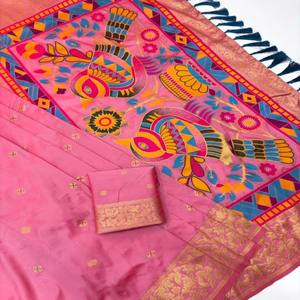 Sari en soie douce VASTRA COTTAGE, or zari, motif floral Meenakari, bordure fantaisie Sparrow Pall, qualité originale avec blouse assortie - Product Image 2