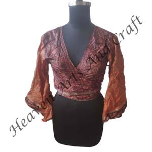 Parche Sari de seda con estampado Floral informal de Verano Indio, manga larga, corbata frontal, manga acampanada, Top envolvente, Top corto de estilo Vintage para fiesta - Product Image 1